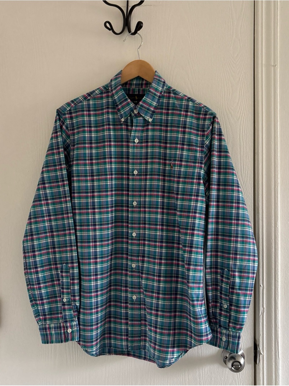 Ralph Lauren Slim Fit Plaid Shirt Men’s Large Blue Green Button Down